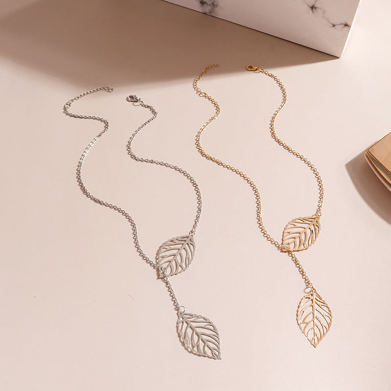 Fashion Trendy Mori Style Metal Leaves Double Necklaces