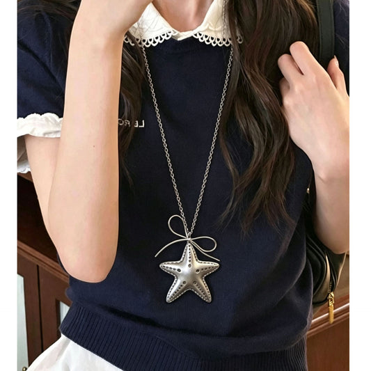 Women's Sweet Cool Hot Design Sier Bow Titanium Steel Long Necklace