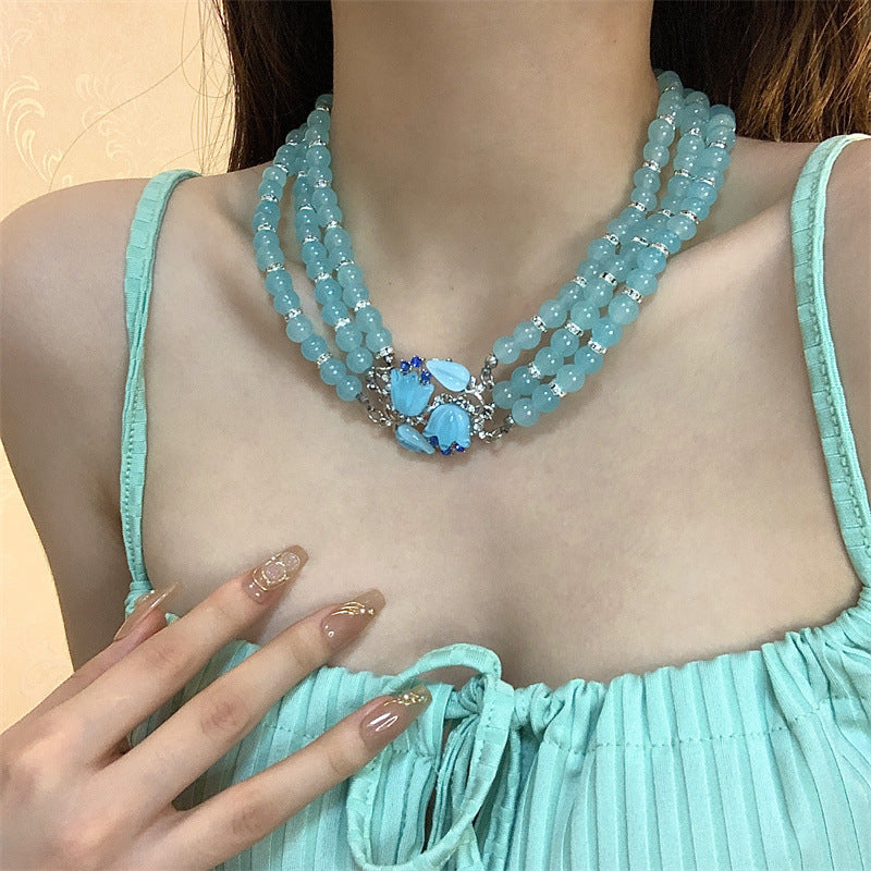 Blue Beaded Summer Cool Light Lily Necklace