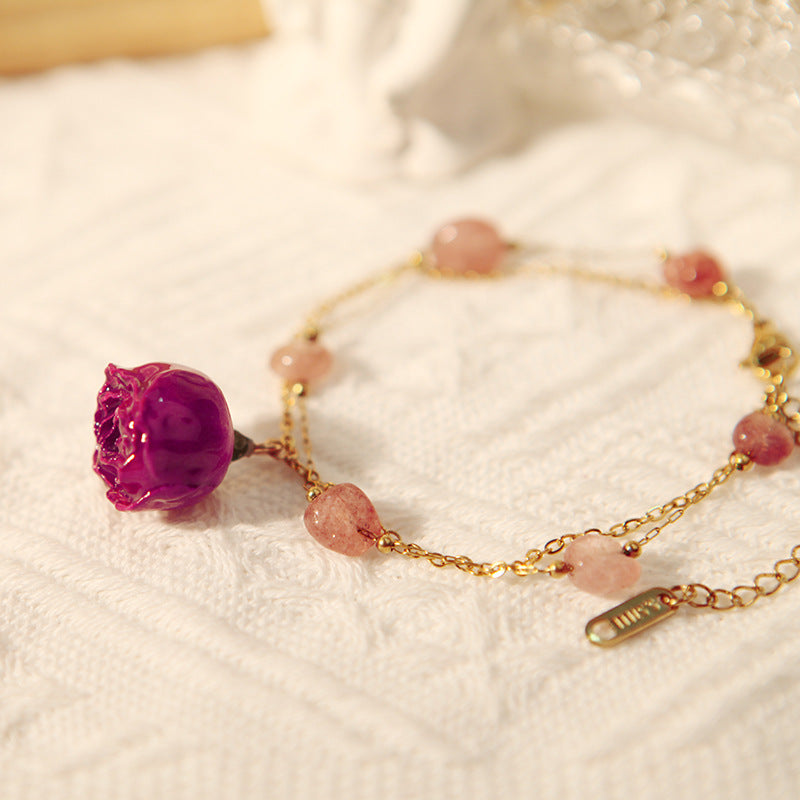 French Retro Preserved Fresh Flower Rose Pearl Design Double Layer Bracelet