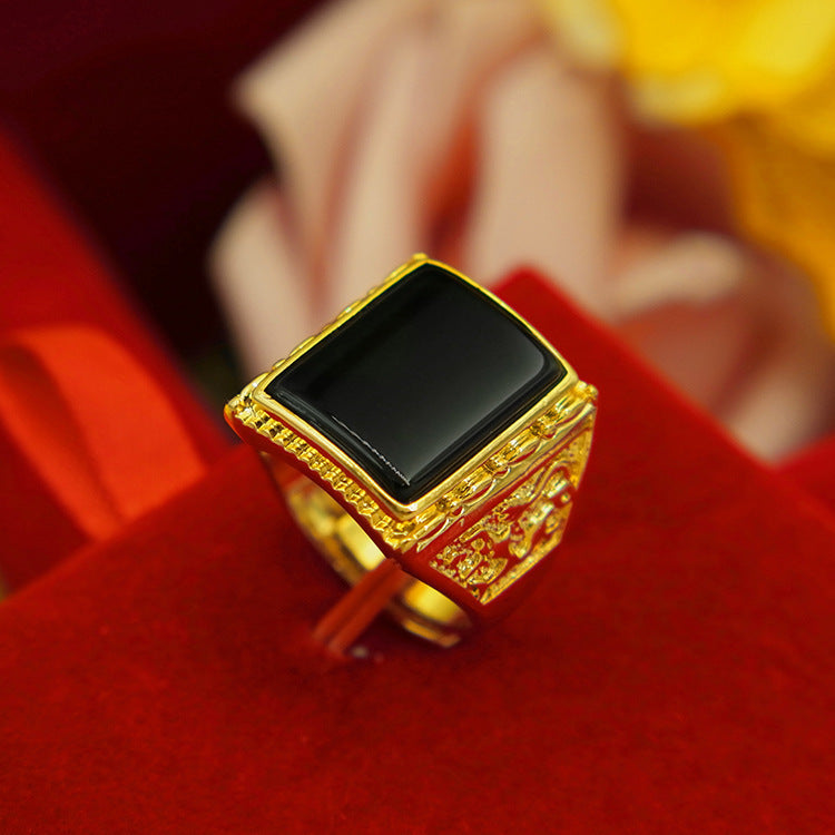 Men's Square Oval Man's Brass Gold-plated Inlaid Obsidian Ring