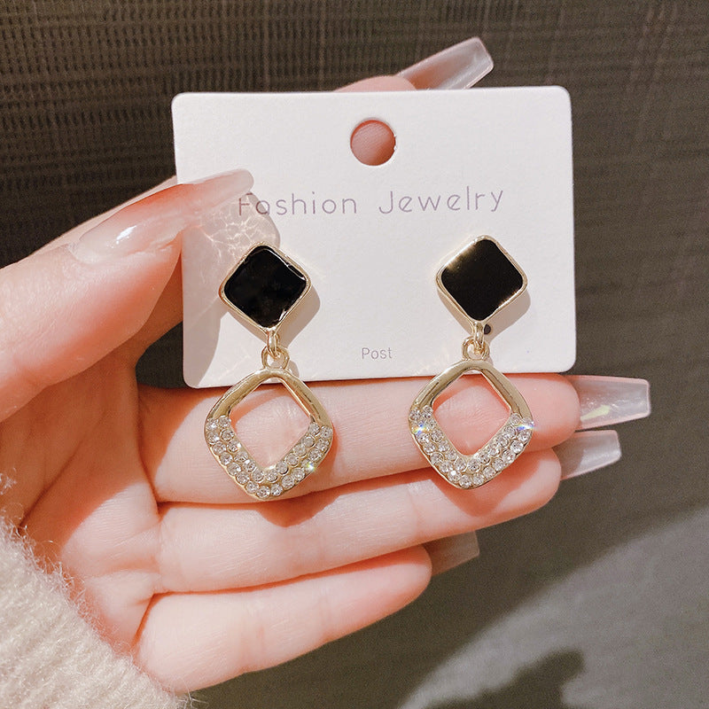 Sier Needle Simple Niche Design Geometric Diamond Rhinestone Elegant Stud Earrings