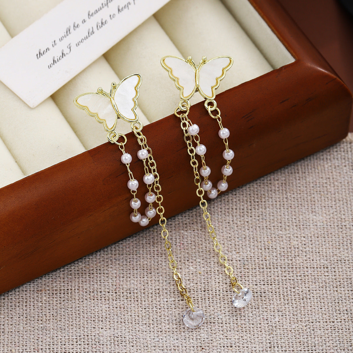 Diamond Butterfly Flower Pearl Graceful Fashionable Long Earrings