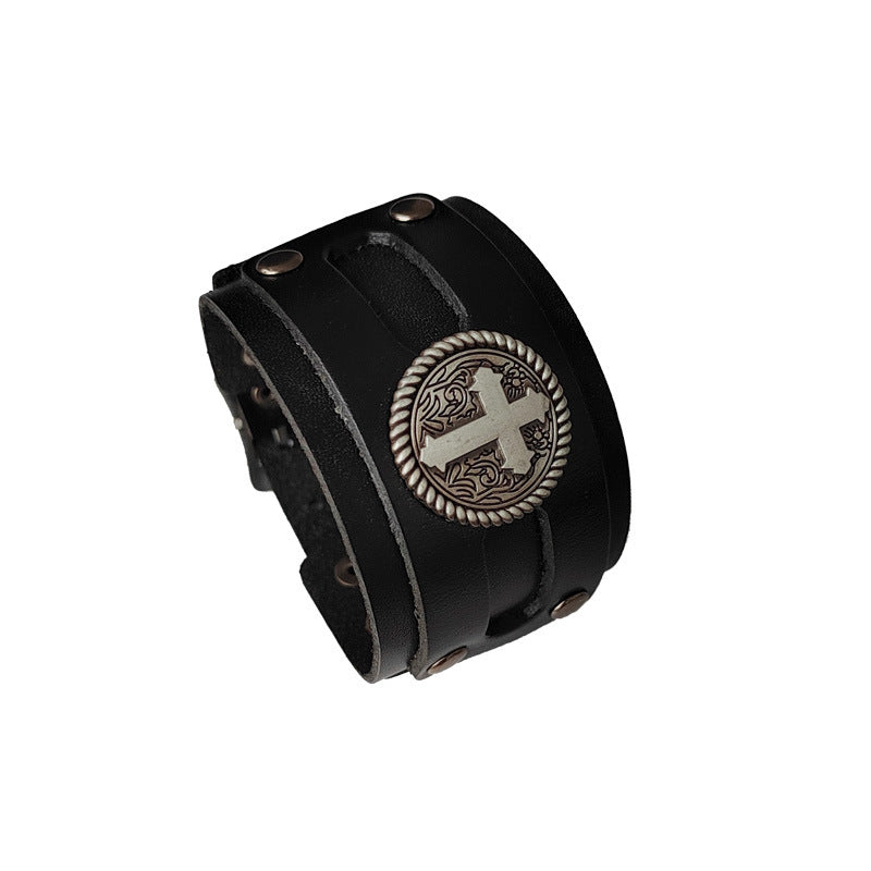 Men's Popular Punk Cattle Leather Cross Wide Bracelets