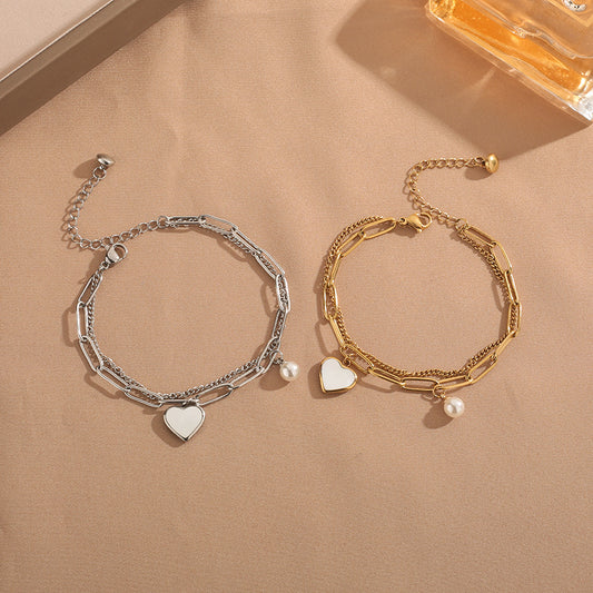 Cool Style Personality Double Layer Temperament Wild Peach Heart Pearl Bracelet