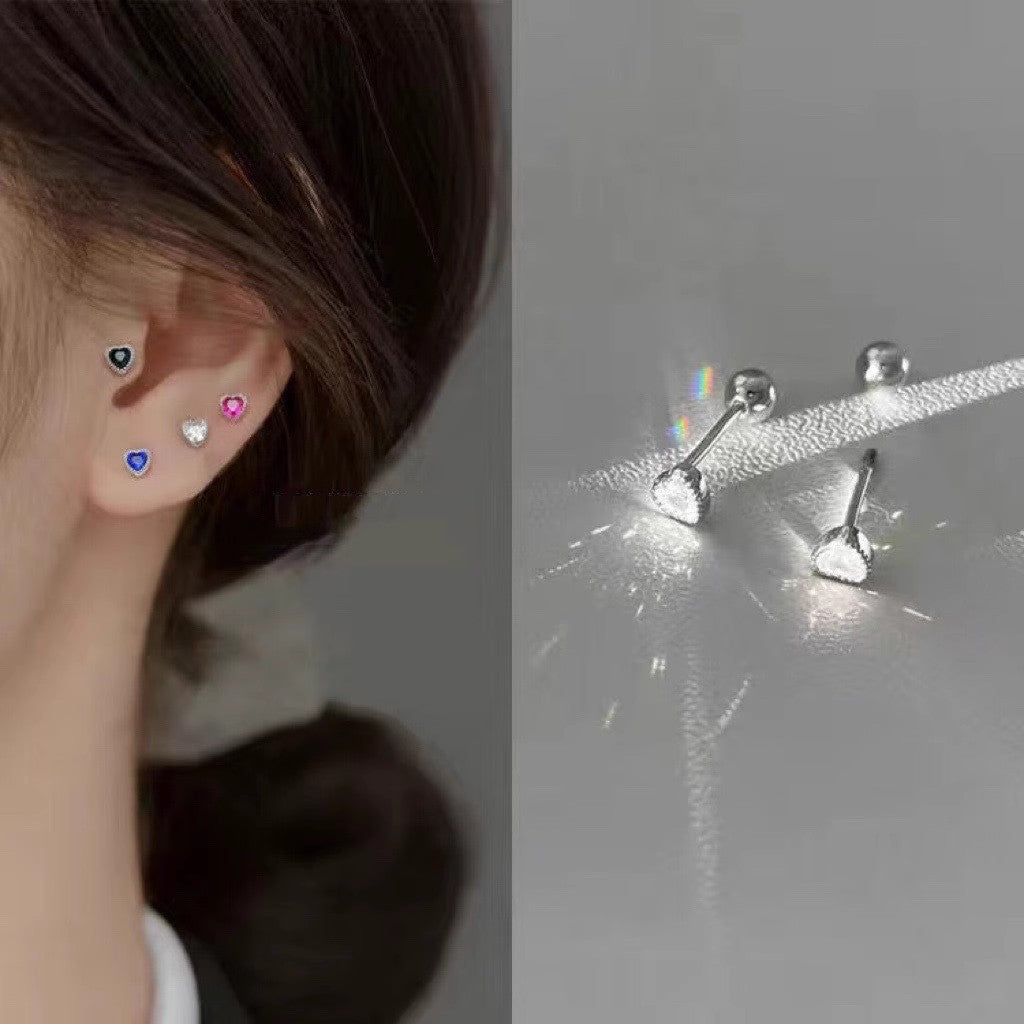 Women's Sterling Sier Screw Tightening Buckle Colorful Crystals Love Ear Bone Stud Earrings