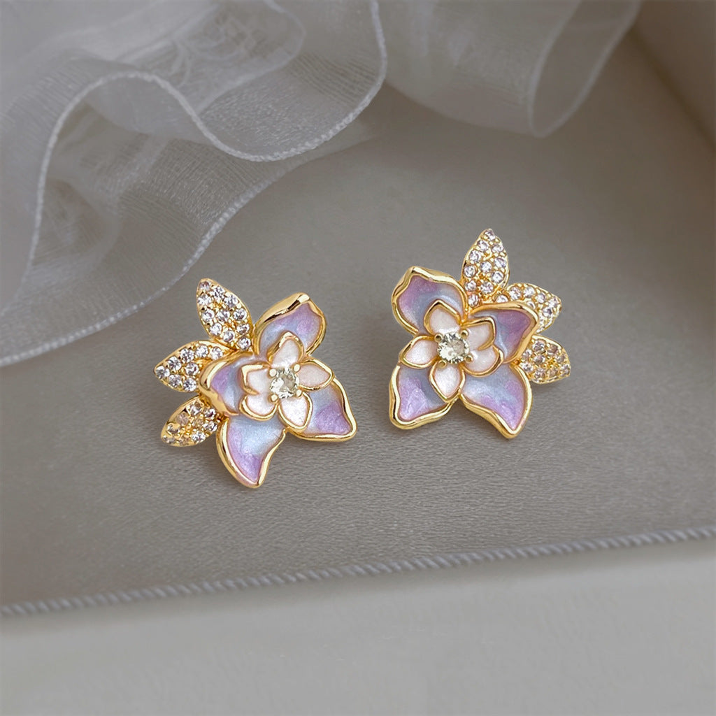 Enamel Painted Hand Painting Design Three-dimensional Flower Camellia Stud Earrings
