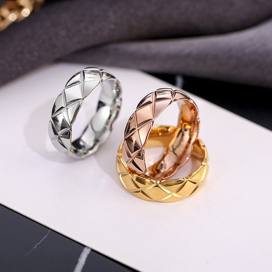 Edge Glossy Diamond Plaid Fashion Couple Titanium Steel Cross Grid Ring