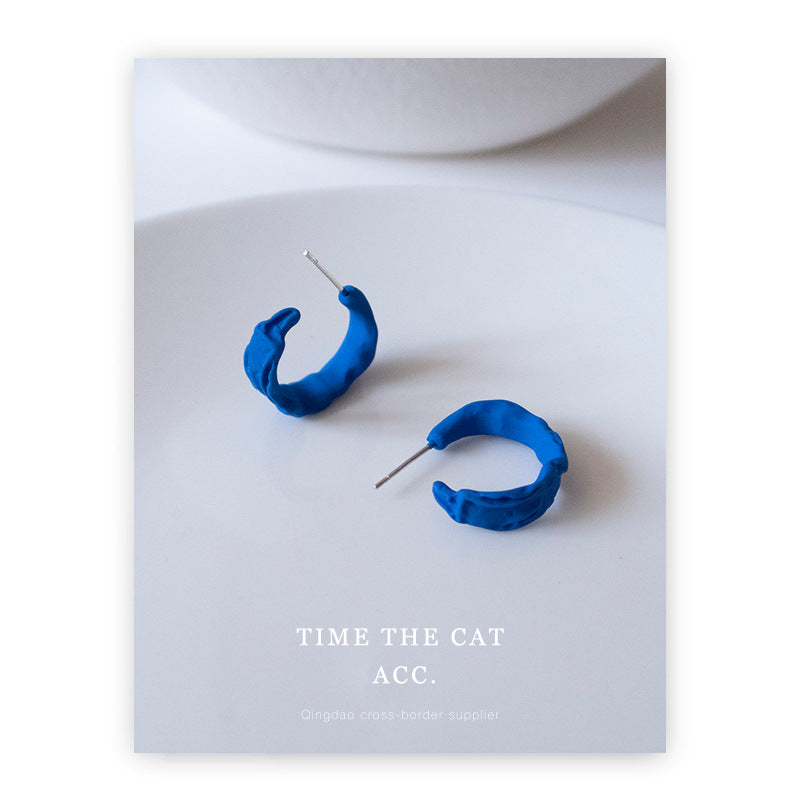 Klein Blue Series Sier Pin Personalized Pleated Geometric Word Stud Earrings