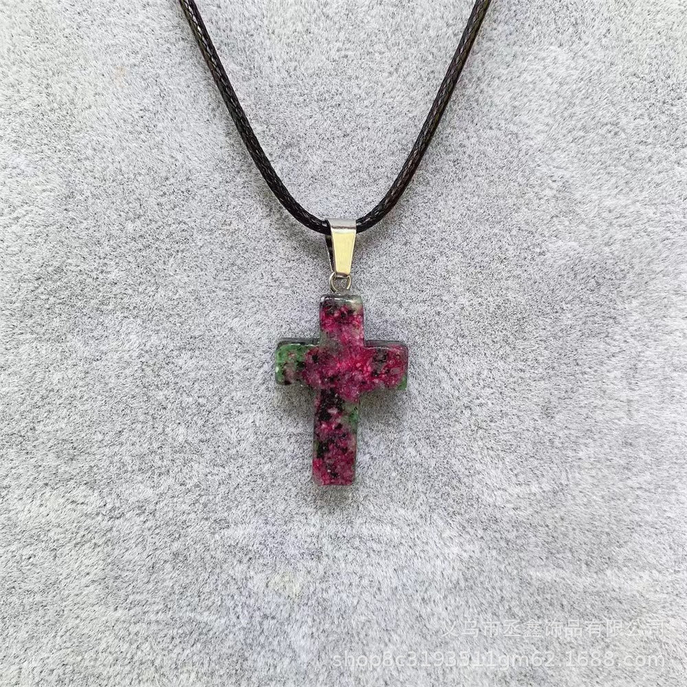 Natural Stone Crystal Cross Pink Green Pendants