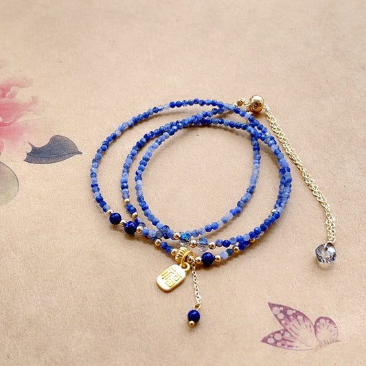 Women's Carved Lapis Lazuli Three-circle Crystal Cut Girlfriends Bracelet