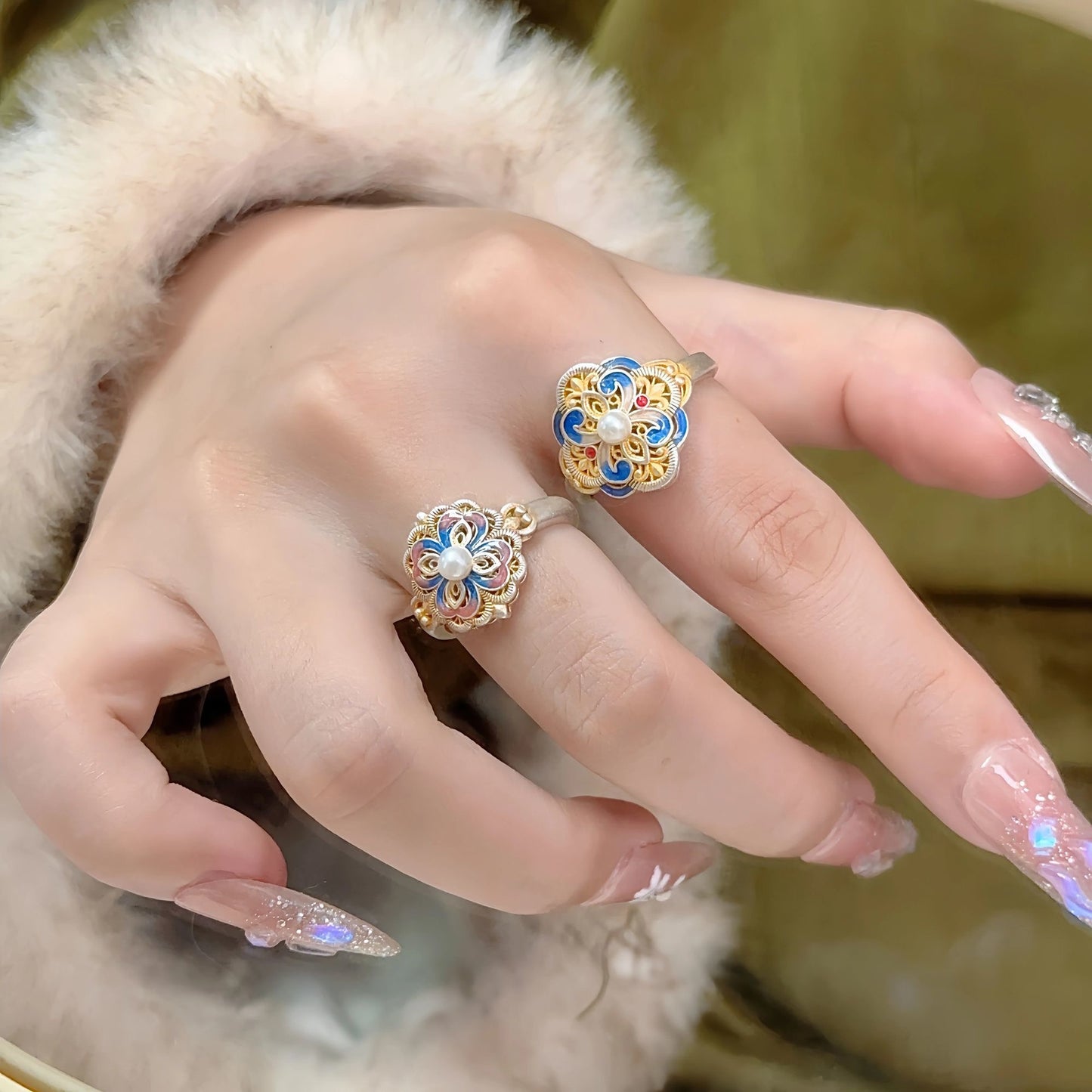 Female National Style Chinese Enamel Color Court Open Rings