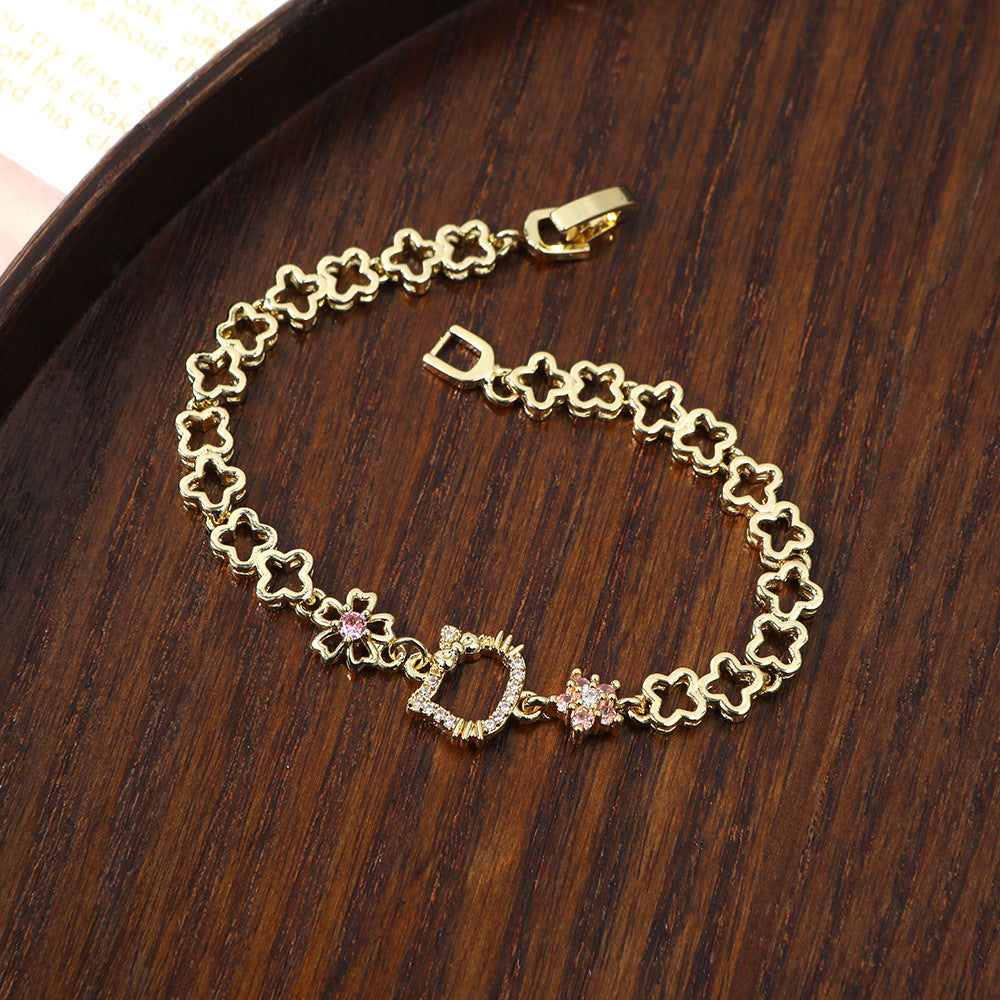 Cartoon Cat Pink Zircon Flower Girlfriends Birthday Bracelet