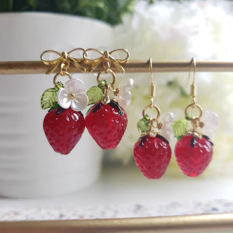 Temperament Girlish Style Leaves Red Crystal Raspberry Cute Earrings