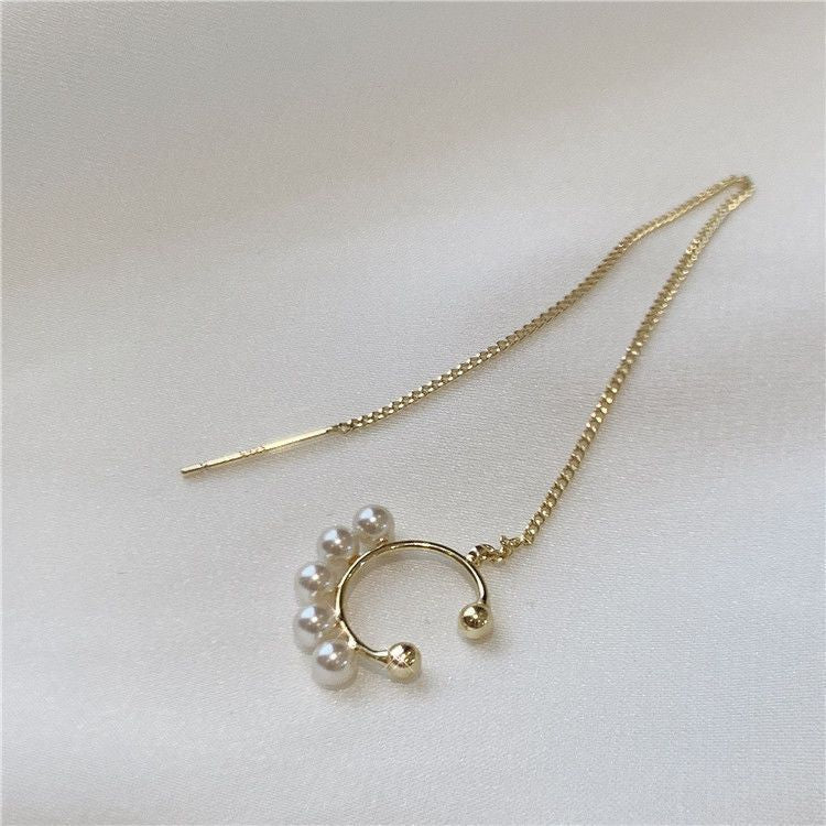Korean Style Sier Personality Simple Chain Female Small Pearl Temperamental Earrings