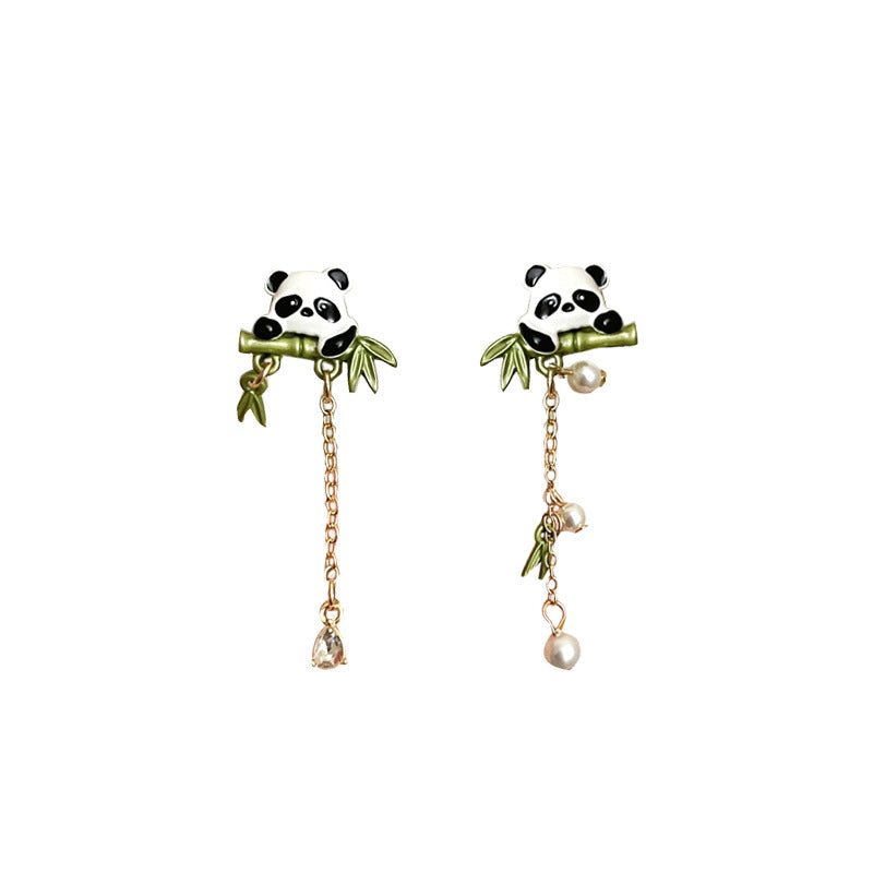 Women's Needle Cute Fashion National Bamboo Panda Personality Pearl Earrings