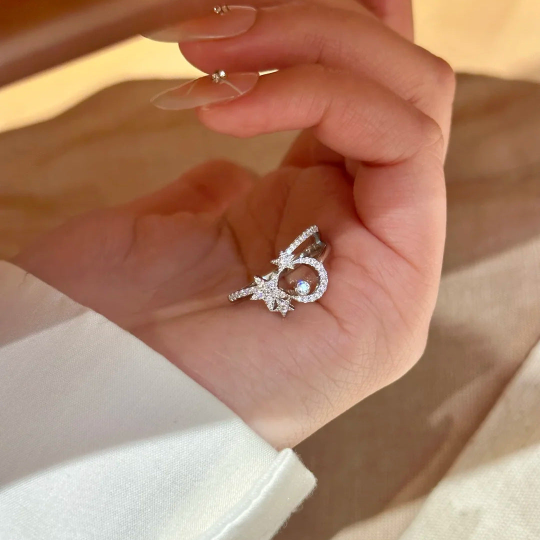 Diamond Star Moon Simple Daily Twin Open Female Ring