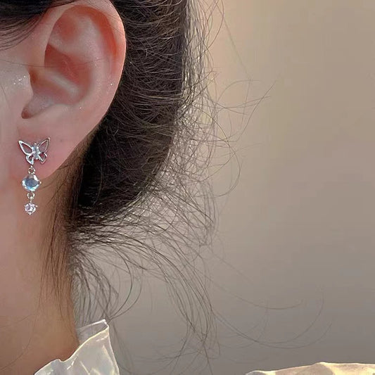 Women's Crystal Sier Needle Fashion Small Butterfly Earrings