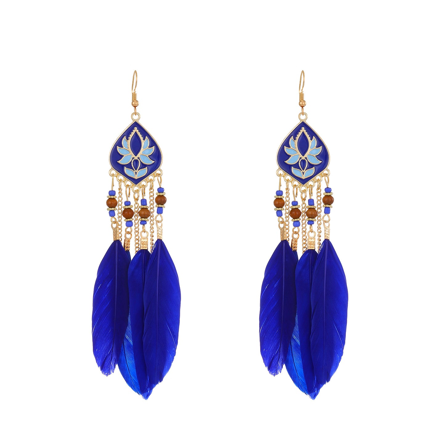 Semicircle Feather Popular Long Bead Chain Tassel Ethnic Rings