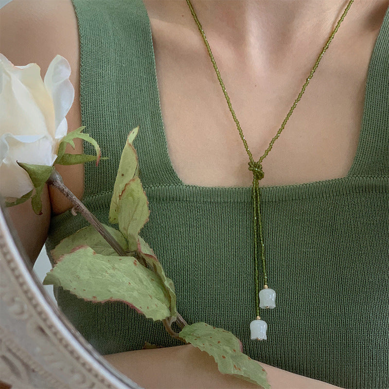 Wearing Methods Natural White Jade Lily Olive Green Crystal Winding Necklaces