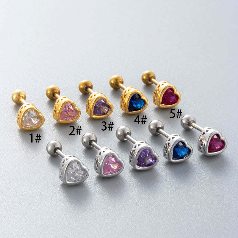 Loving Heart Zircon Ear Bone Pin Titanium Steel Screw Stud Earrings