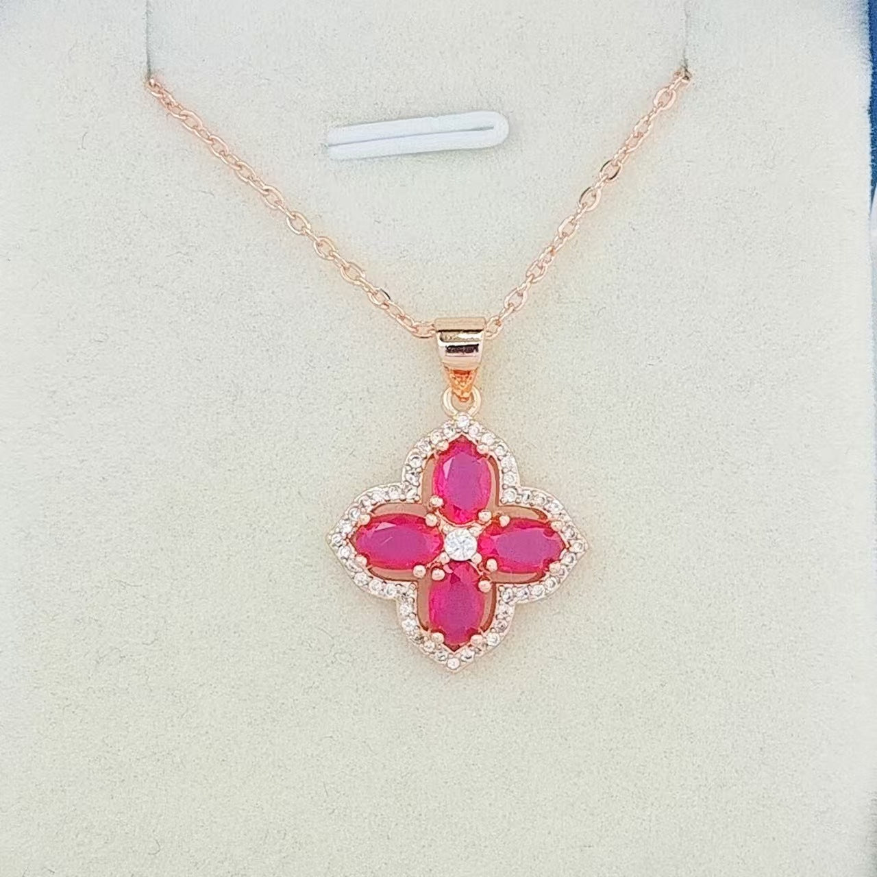 Electroplated Inlaid Red Corundum Blue Pointed Crystal Clover Jewelry Set