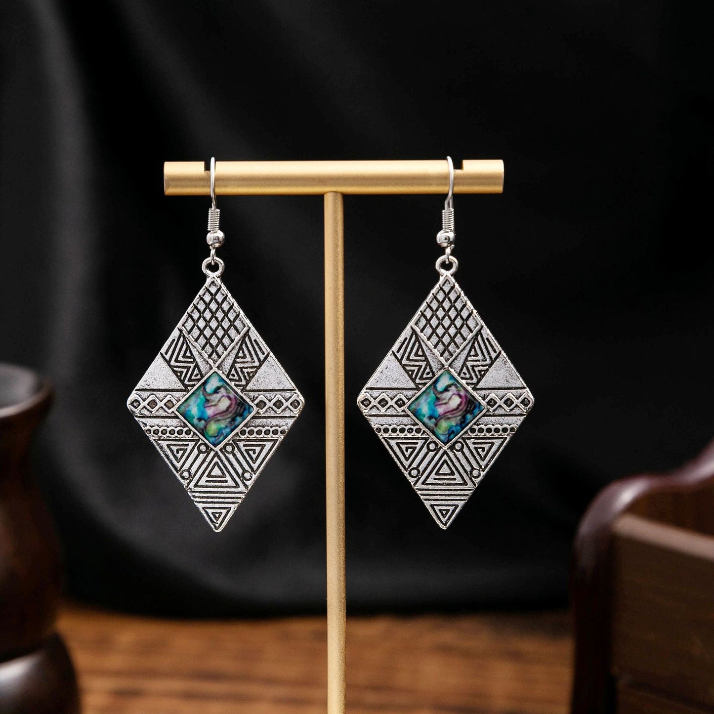 Turquoise Bohemian Palm Owl Bronze Carved Geometric Feather Earrings