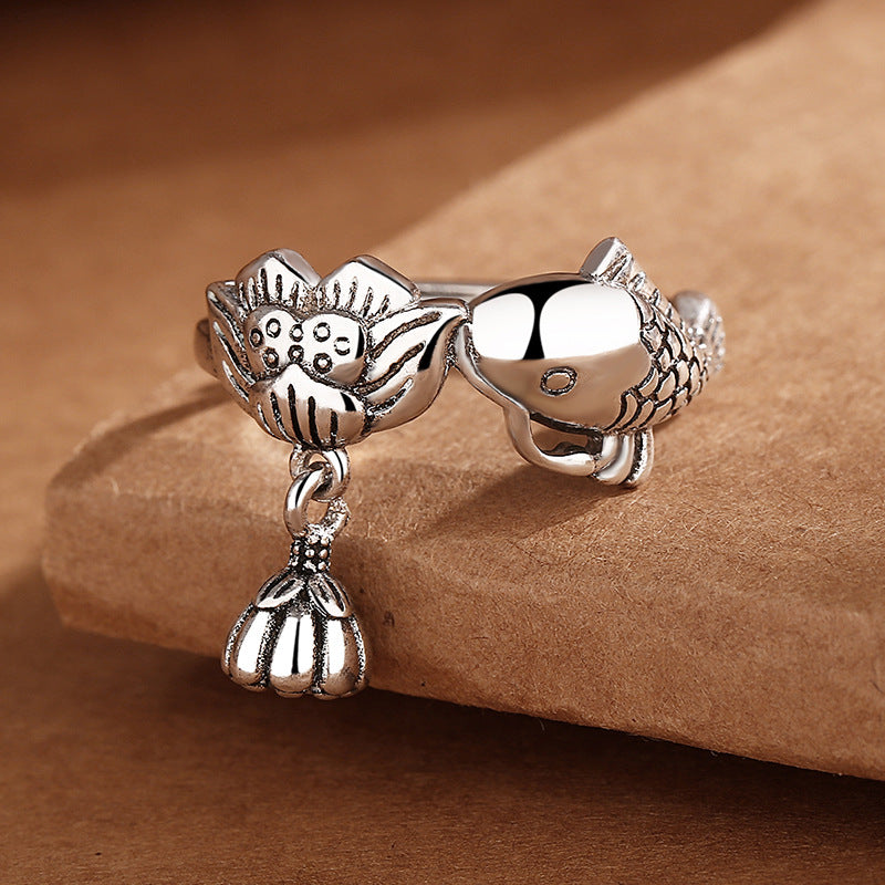 Vintage Thai Sier Lotus Koi Female Personality Carp Ring