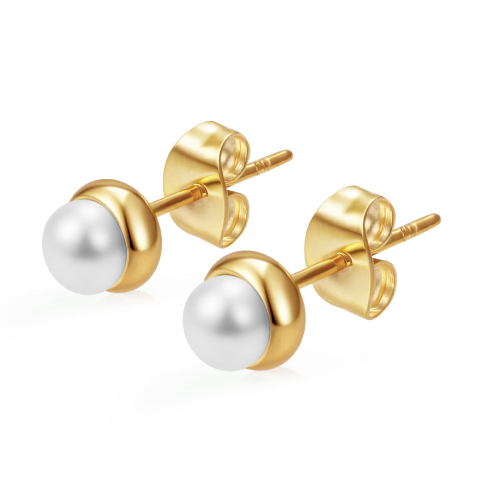 Women's Round Stainless Steel Zircon Trendy Versatile Real Gold Stud Earrings
