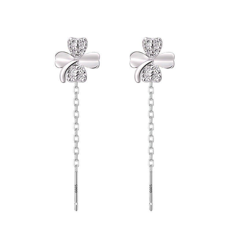 Pure Sier Diamond Clover Lines Long Before Sleep Female Four-leaf Earrings