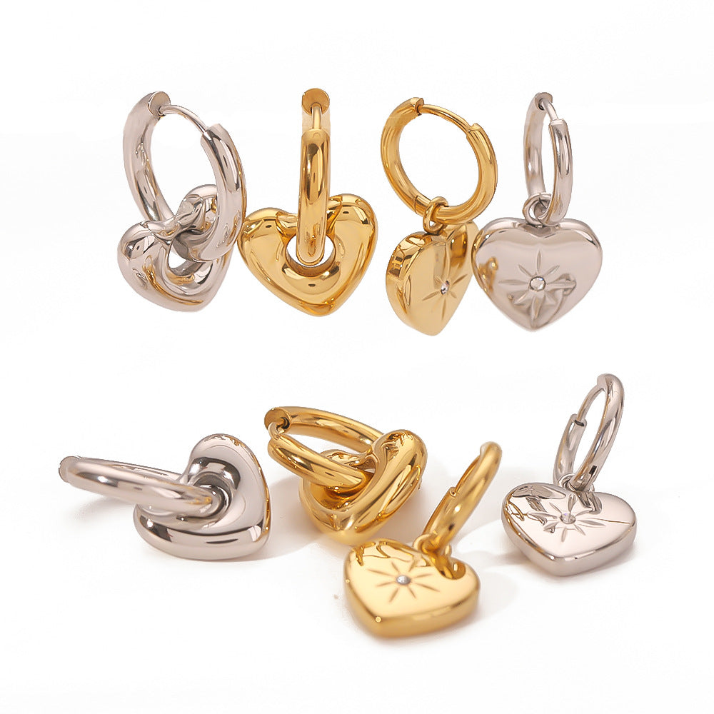 Stainless Steel Heart-shaped Gold Rhinestone Zircon Earrings