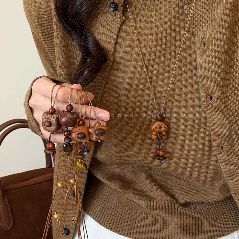 Cute Thing Coming Wooden Bear Female Long Sweater Chain Niche Necklace