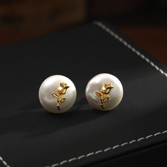 Women's Freshwater Pearl Ear Retro Hipster Tulip Gold Plated Earrings