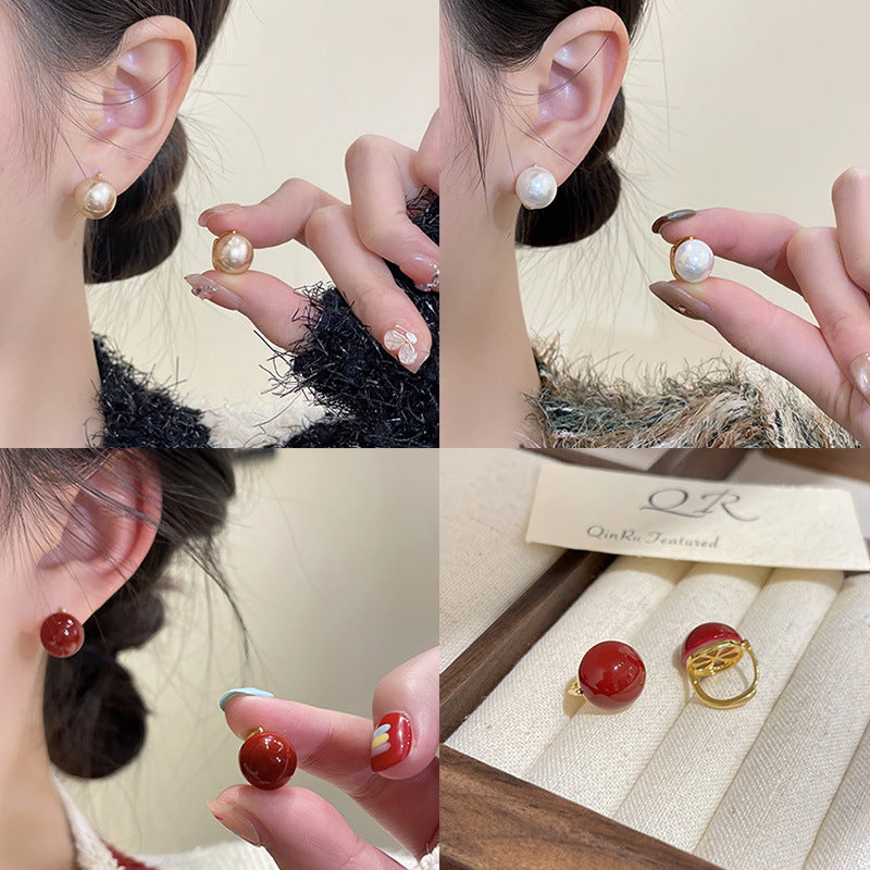Red Bean Ear Clip Temperament Wild Stylish Round French Retro Earrings