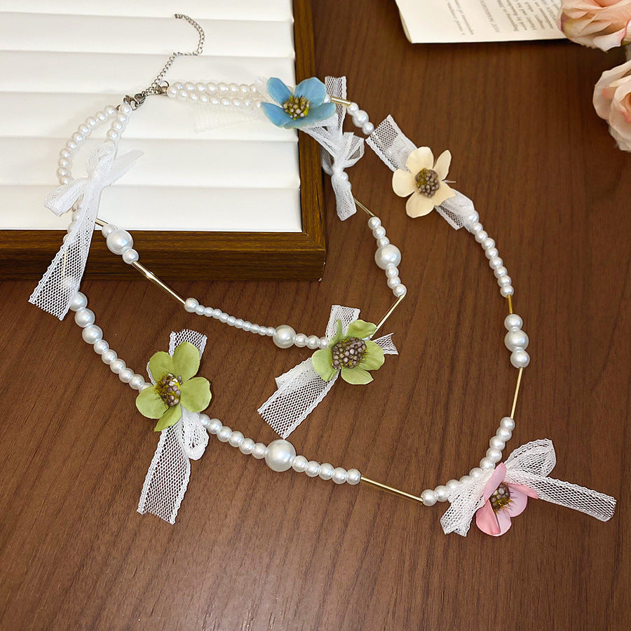 Romantic Purple Flower Pearl Long Twin Necklace