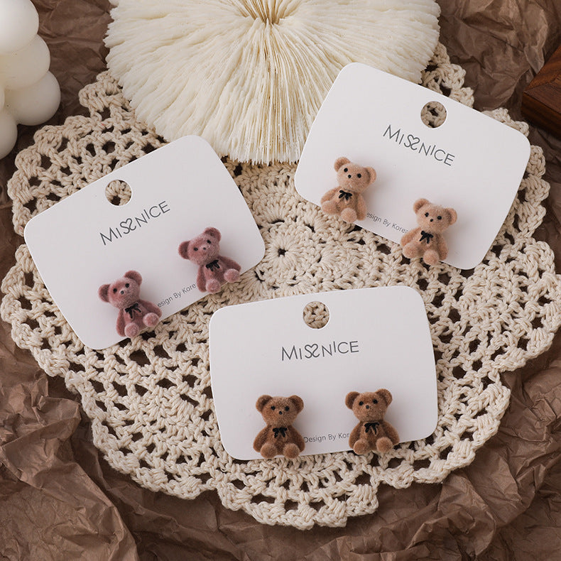 Cute Flocking Bow Bear Ear Cartoon Young Stud Earrings