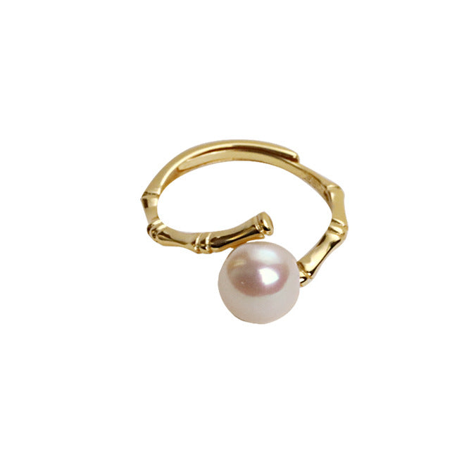 Women's Pearl Bamboo Light Luxury High Sense Design Simple Graceful Open Ring