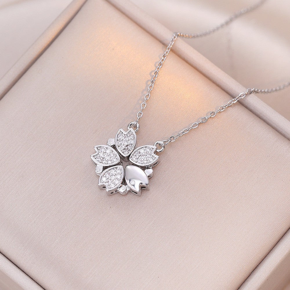 Women's Steel Cross Chain Open Close Four-leaf Flower Necklace