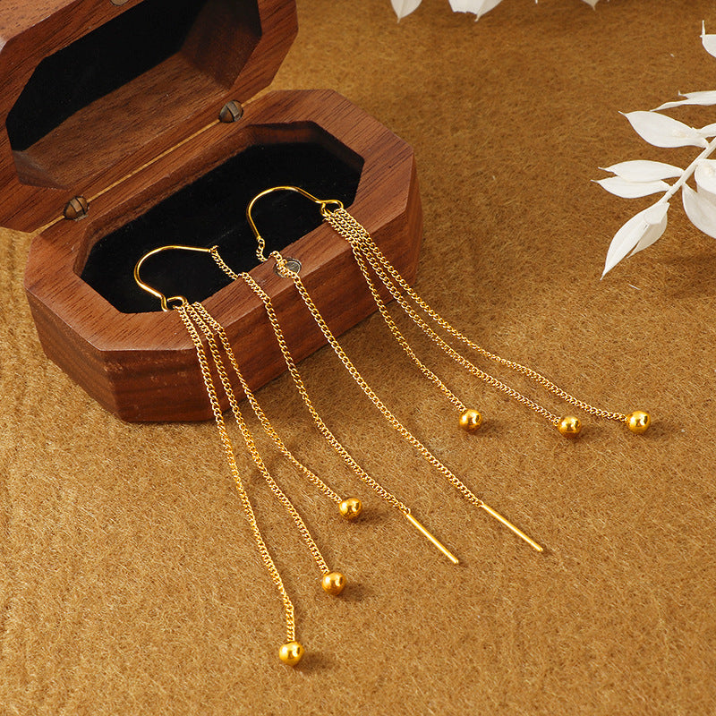 Women's High-grade Golden Bean Tassel Titanium Steel Long Ear Line