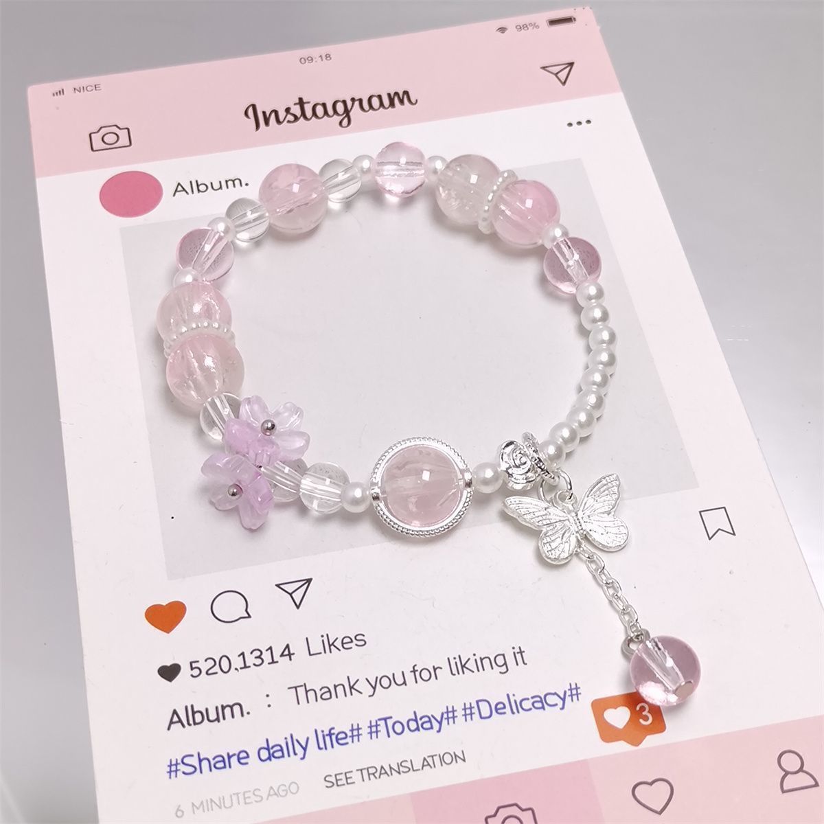 Sweet Dopamine Peach Blossom Pearl Super Niche Butterfly Classic Bracelet