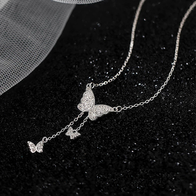 Women's Full Diamond Three Butterfly Tassel Design Sense Niche Style Light Necklaces