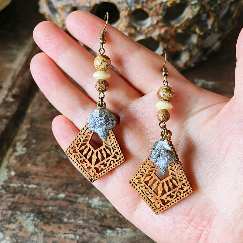 Style Retro Minority Mori Bohemian Indian Wandering Hollow Wood Grain Earrings