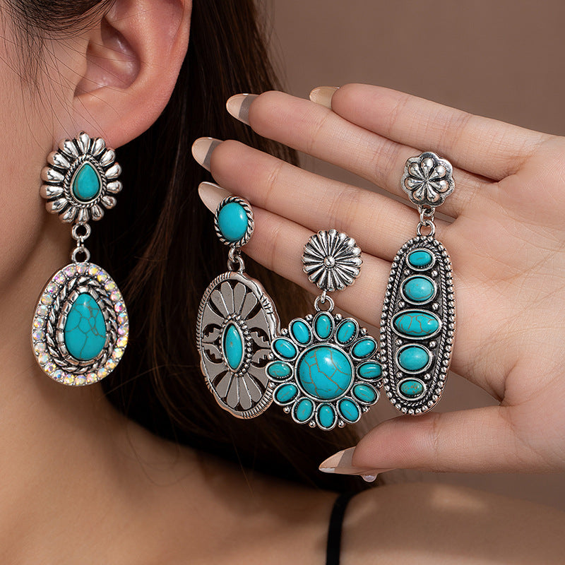 Vintage Ethnic Style Turquoise Flower Alloy Earrings