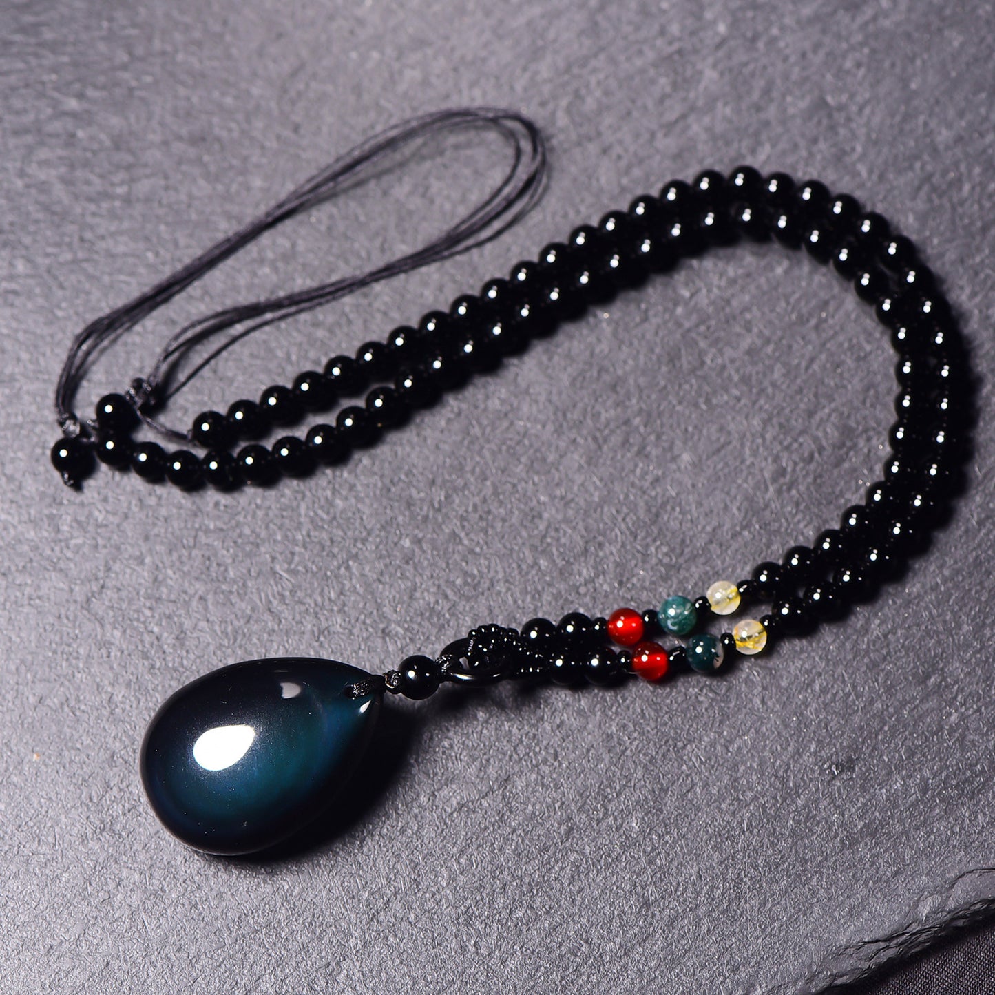 Men's Natural Rainbow Eye Obsidian Water Drop Chain Couple Pendants