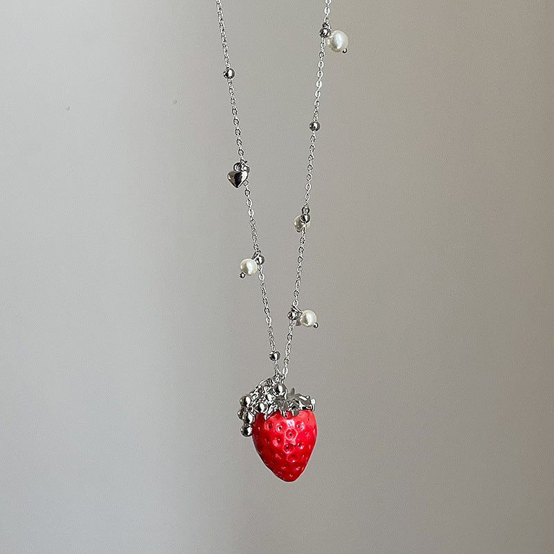Sweet Cute Red Artificial Strawberry Ear Female Exaggerated Unique Necklace