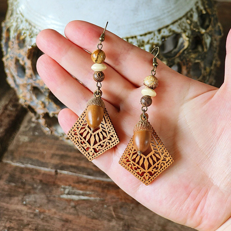 Style Retro Minority Mori Bohemian Indian Wandering Hollow Wood Grain Earrings