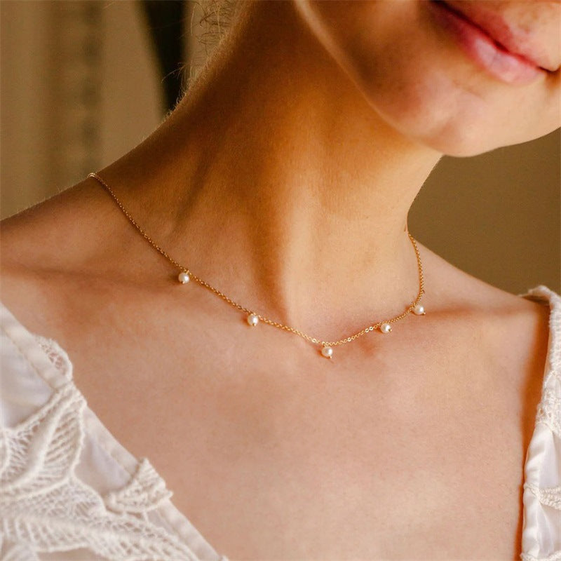Women's Stainless Steel Imitation Pearl Tassel Fashion Style Niche Necklaces
