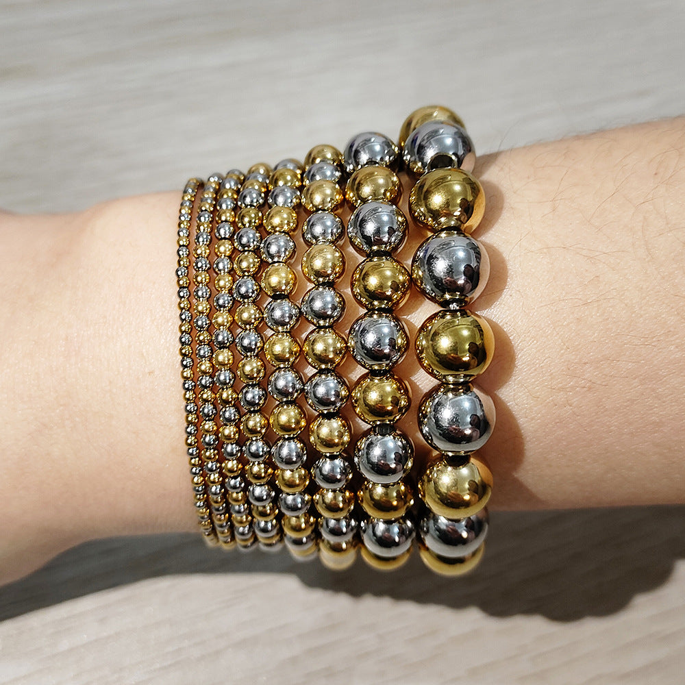 Texture Waterproof Hard-wearing Stainless Steel Mixed Color Two-color Round Beads Bracelet