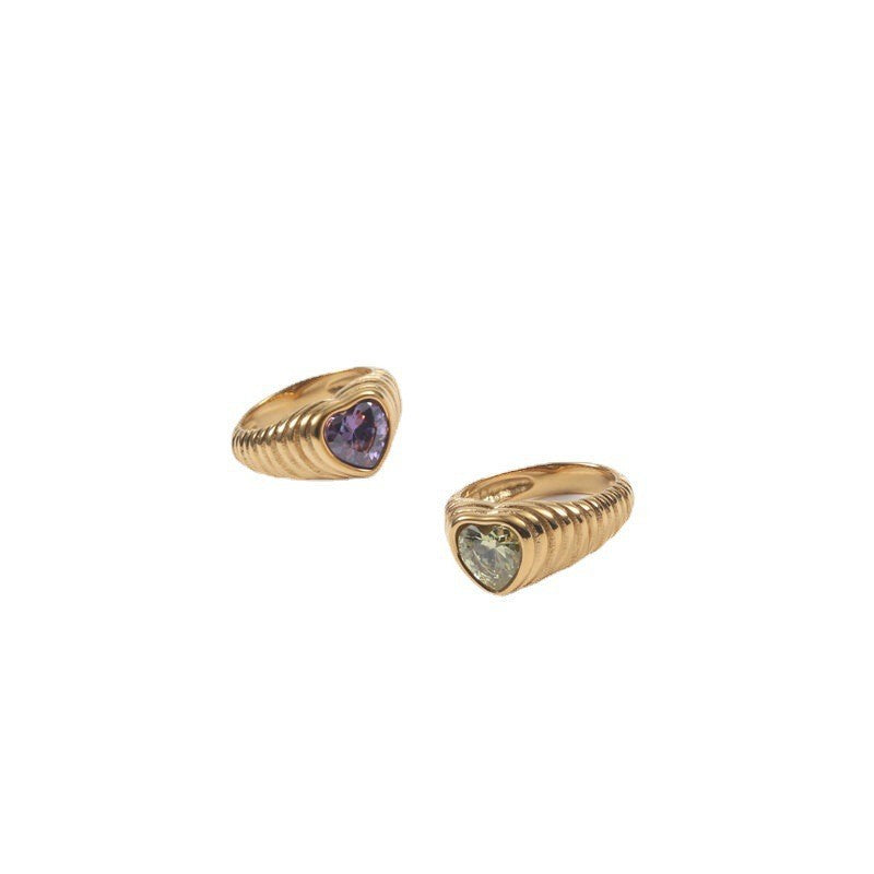 Peach Heart Zircon Bread Titanium Steel Gold Ring