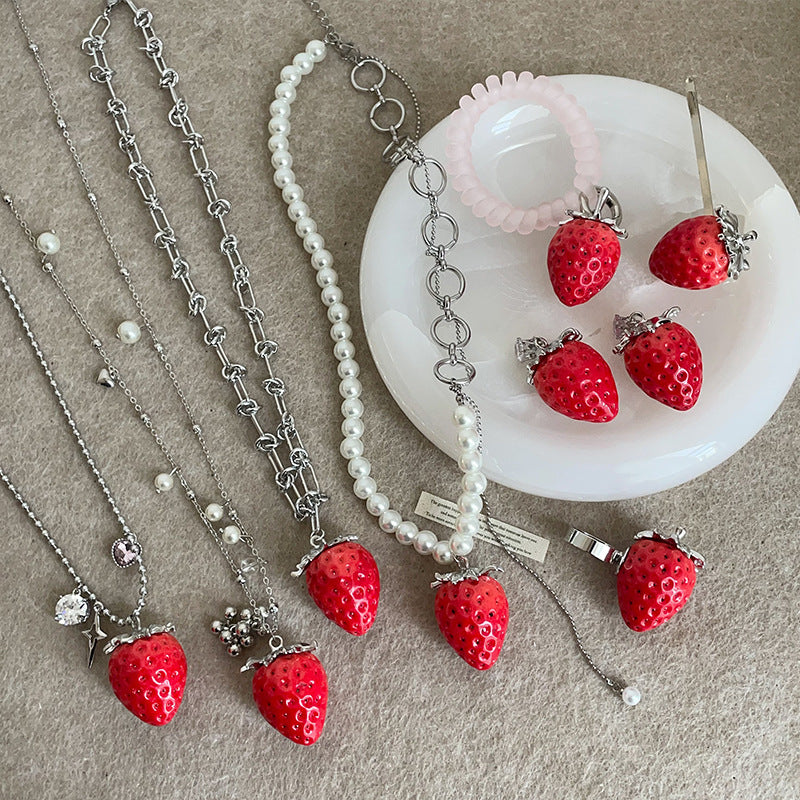 Sweet Cute Red Artificial Strawberry Ear Female Exaggerated Unique Necklace